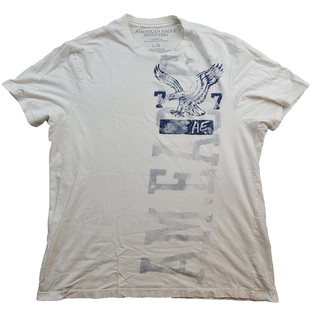 American Eagle Outfitters T Shirt Mens Large White Navy Eagle 77 Graphic Cotton